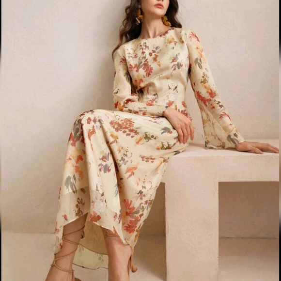 Dresses & Skirts - Women's Floral Print Long Sleeve Vacation Style Elegant Fashion Dress